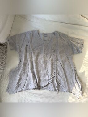 Completo Lino linen ruched tunic top grey oversized striped Lagenlook coastal